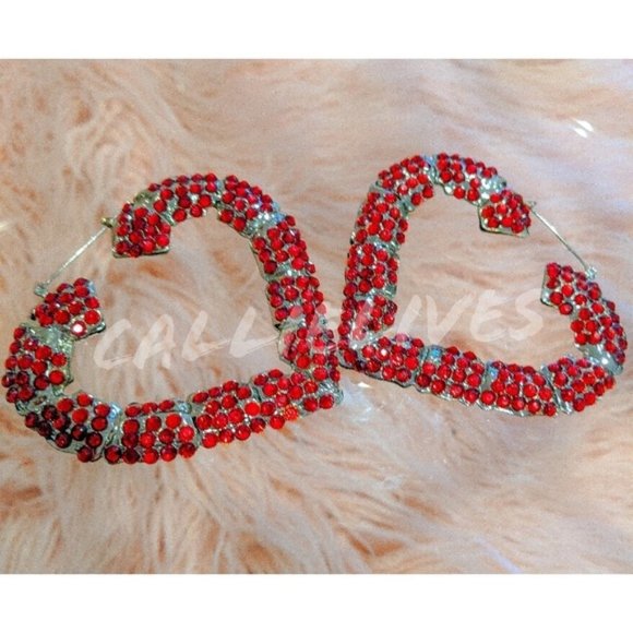 Callie Lives Jewelry - Miz Big Heart: Red Rhinestone MaryJ Bling Bamboo 80s Vintage Style Retro Earring